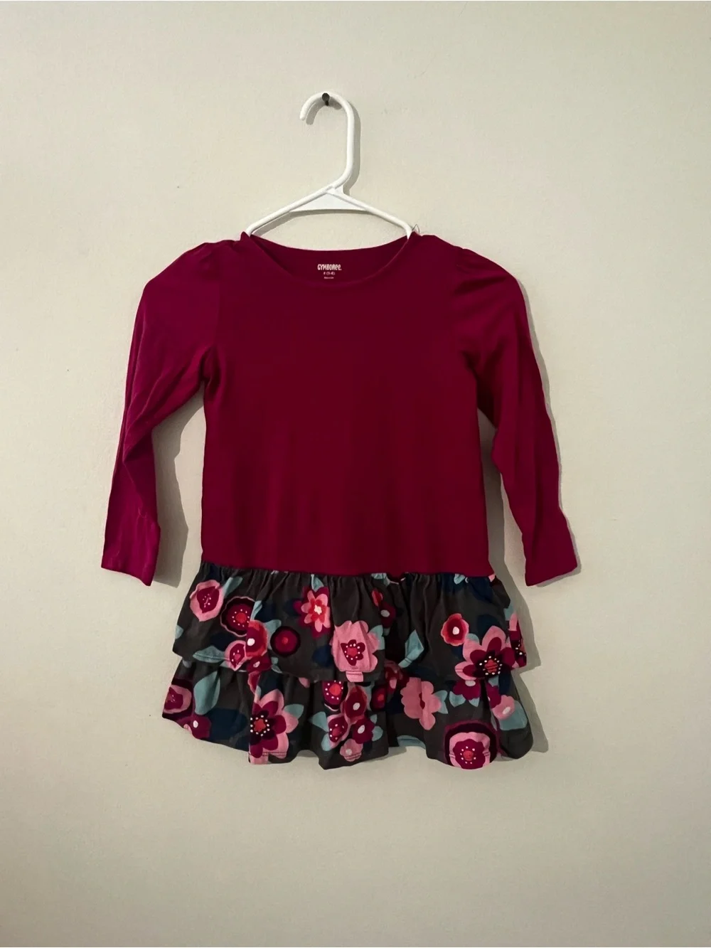 Gymboree 5/6 Maroon Long-Sleeve Tiered Floral Dress Top